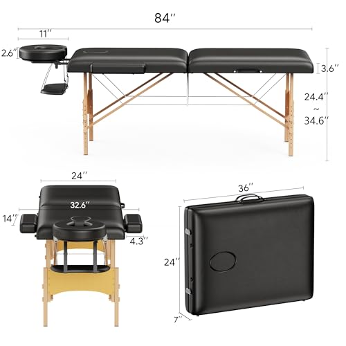 Brelley Massage Table Portable Wooden Lash Bed 24" Wide Adjustable Height 2-Fold Spa Table Foldable Tattoo Bed (Black)