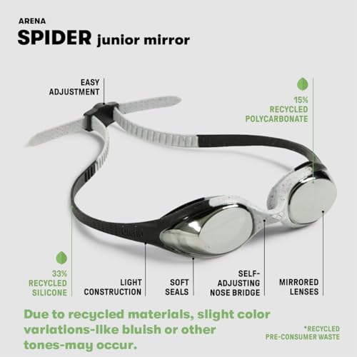 ARENA Unisex Youth Spider Junior Swim Goggles Girls and Boys Ages 6 to 12 Fogless Lenses Easy to Adjust Strap No Leak
