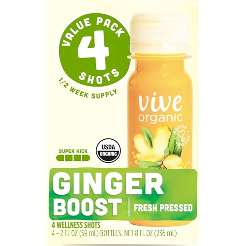 Vive Organic Ginger Boost Wellness Shot, Fresh Pressed Ginger Shot, 2 fl oz Bottles, 4-Pack