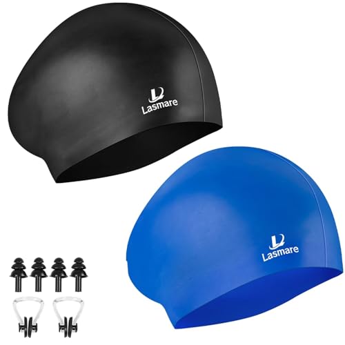 Long Hair Swim Cap for Women 2 Pack, Silicone Swimming Caps for Unisex Adult Women Men with Ear Plugs & Nose Clip Set, Wat...