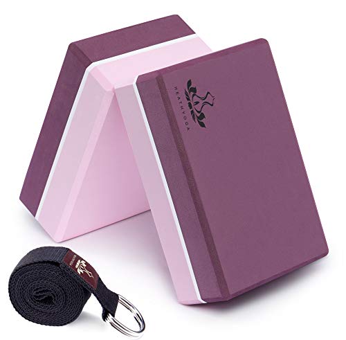 Heathyoga Yoga Blocks 2 Pack with Strap, High Density EVA Foam Yoga Block and Yoga Strap Set to Support and Improve Poses ...