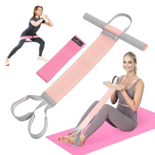 Fitness Resistance Band with Handles & Non-Slip Pedal, 150lb Fabric Exercise Bands, Yoga Starter Sets Sit Up Pull Rope for...