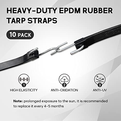 ROBLOCK 21" Rubber Tarp Straps with 150% Max Stretch, 100% EPDM Bungee Cords with Metal Crimped S Hooks, Ideal for Securin...