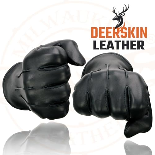 Milwaukee Leather SH875 Men's Thermal Lined USA Deerskin Black Leather Motorcycle Gloves w/Snap Wrist Closure