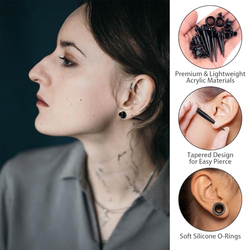 Okxiri 50 Pcs Ear Stretching Kit, Acrylic Gauges for Ears 14G-00G, Lightweight Tapers+ Plugs+ Silicone Tunnels, Gauge Stre...