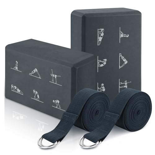 RETON Yoga Blocks Set with Straps, High Density Yoga Bricks, Lightweight EVA Foam Pilates Block, 2 Yoga Blocks with 2 Stra...