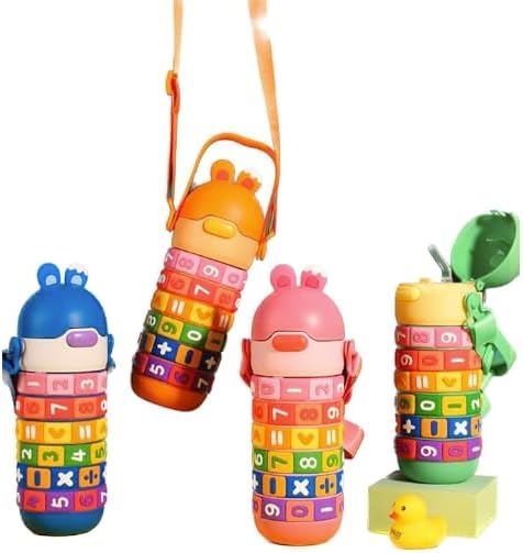 Kids Premium 14 oz Math Water Bottle with Silicone Spout, Leak-Proof Locking Flip Lid, Carrying Strap, Educational, Fun, Learning, Puzzle, Insulated, Stainless Steel Thermos, Sensory, Fidget. (Blue)