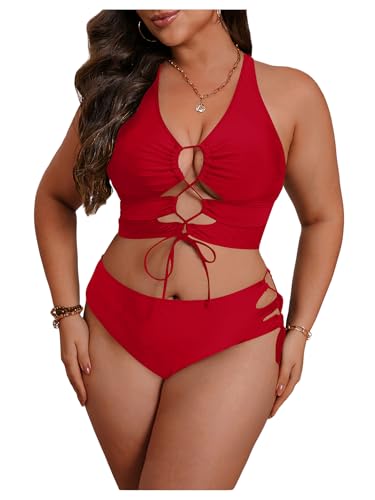 SOLY HUX Women's Plus Size Bikini Set Sexy Swimsuit Lace Up Tummy Control 2 Piece Bathing Suit