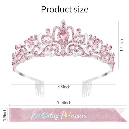 UlZDVUli Birthday Princess Crown, Birthday Princess Headband Tiara Sash Accessories Set for Women, Pink Crown Sash Decorat...