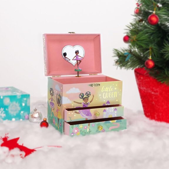 Jewelkeeper Jewelry Box for Girls - 2-Drawer Music Box with Little Queen Ballerina Dancing to Swan Lake, Cute Pink Design, Keeps