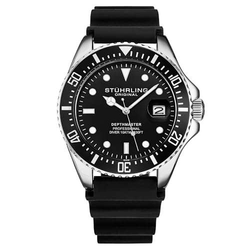 Stuhrling Original Men's Watch Dive Watch Silver 42 MM Case with Screw Down Crown Rubber Strap Water Resistant to 330 FT
