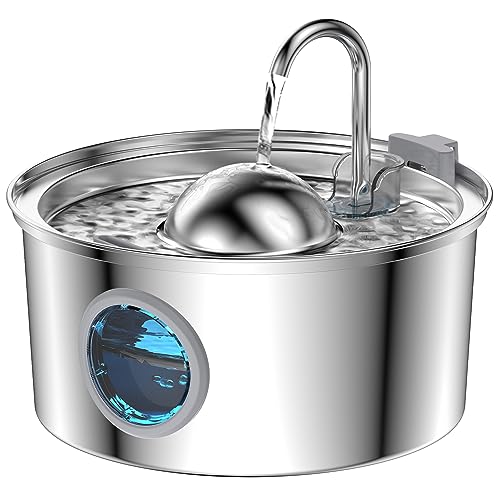 AONBOY Cat Water Fountain Stainless Steel, 108oz/3.2L Cat Fountain, Pet Water Fountain with Water Level Window, Hemispheri...