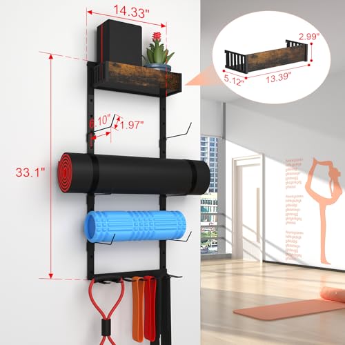 Yoga Mat Holder Wall Mount - Tool-Free Adjustable Yoga Mat Rack Shelf with 6 Rods & Basket, All-in-One Foam Roller Holder ...