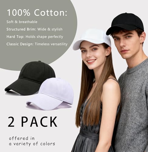 Mytephoon 2 Pack Cotton Plain Baseball Caps for Men Women, Adjustable Soft Blank Hat, Gift for Dad Mom Husband Wife
