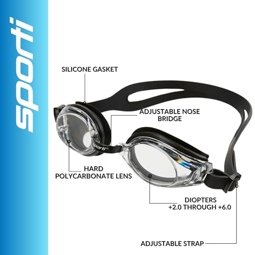 Sporti Unisex Adult Positive Optical Swimming Goggles, Antifog Swim Goggles for Men & Women, Shatter-resistant, Double Straps