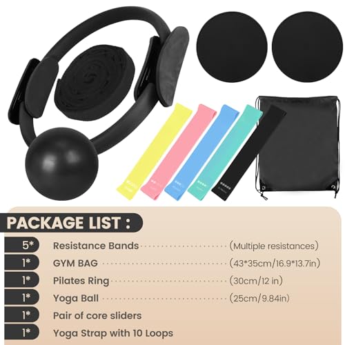 Pilates Essentials Kit for Home Workouts Women, Black Pilates Equipment Set with 9 Inch Yoga Ball, Pilates Slider, Resista...