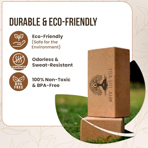 MHW - LIVE WELL Cork Yoga Block – Natural Anti-Slip Yoga Block for Stability & Deepening Poses - 9x6x3 Inches, Single