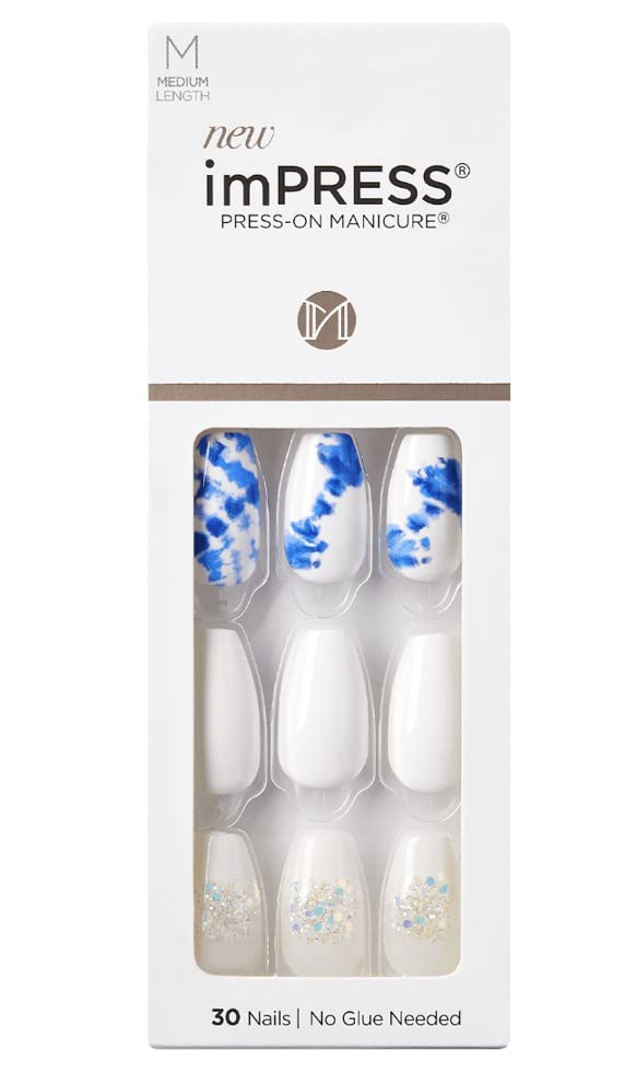 KISS imPRESS No Glue Mani 30 Pcs Press On Nails, White Nails with Glitter, Blue Tie-Dye Design, Medium Size, Coffin Shape Simple