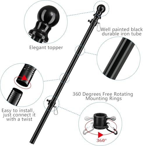 Barcetine Black Flag Poles for Outside House - 5ft Tangle Free Flag Pole for House,Heavy Duty Metal Flagpole,Outdoor Flagp...