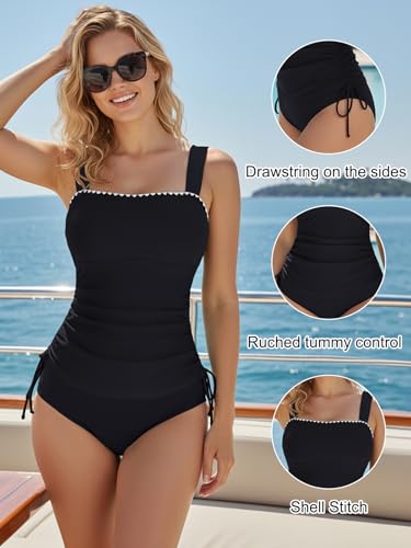 Blooming Jelly Womens Tankini Swimsuits Tummy Control 2 Piece Ruched Drawstring Bathing Suits Shell Stitch Swim Suit