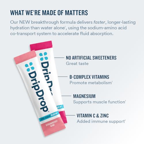 DripDrop Zero Sugar Plus - Sugar Free Hydration Packets - Single Serve Electrolytes Powder Drink Mix - Strawberry Kiwi, Pe...