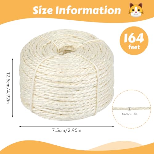 164 Feet Sisal Rope for Cat Scratching Post, 4 mm Natural Cat Tree Rope, DIY Hemp Twine Rope for Repairing, Recovering Scr...