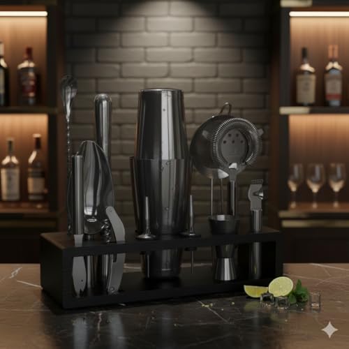 Highball & Chaser 13-Piece Gunmetal Black Stainless Steel Boston Cocktail Shaker Bar Tool Set with Mixology Bartender Kit ...