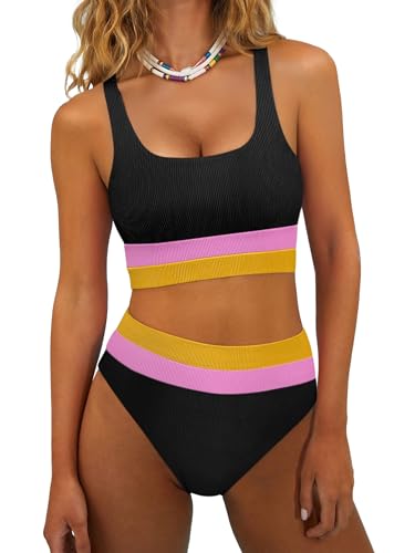 ANRABESS Bikini Sets for Women Summer 2026 High Waisted 2 Piece Bathing Suit Tummy Control Swimsuit Color Block Swimwear