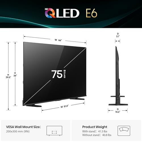 Hisense 75" E6 Cinema Series Hi-QLED 4K UHD Smart Fire TV (75E6QF, 2025 Model) - AI Light Sensor, Dolby Vision · Atmos, Vo...