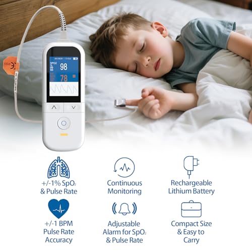 Handheld Pulse Oximeter for kids - Continuous Oxygen & Heart Rate Monitor with Adjustable SpO2 & Pulse Alarms - Pulse Oxim...