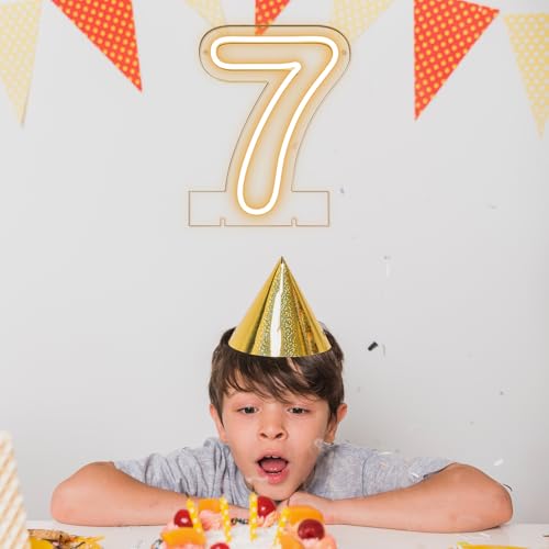 Number 7 LED Neon Sign Backdrop Birthday Party Decoration, 11.3" Height Warm White Marquee Numbers Seven Light Up Sign for...