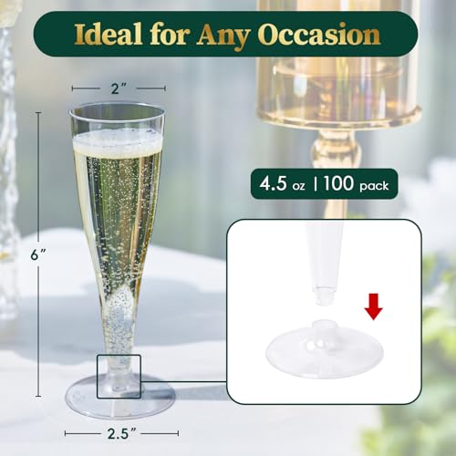 FOCUSLINE 100 Pack 4.5 Oz Plastic Champagne Flutes, Clear Plastic Champagne Glasses, Disposable Toasting Glasses Recyclabl...