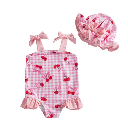 BSaogr Infant Girl Onepiece Swimsuit Cute Printed Sleeveless Ruffle Romper Beach Wear Bathing Suit with Swim Cap