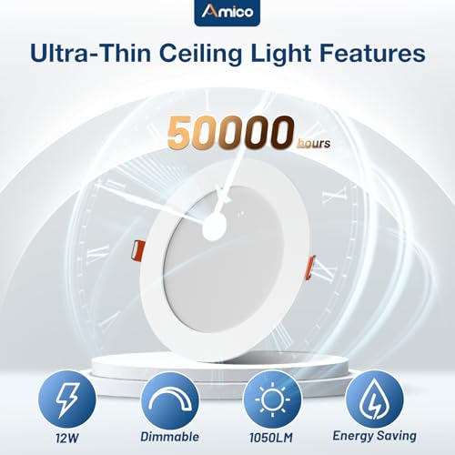 Amico 12 Pack 6 Inch 5CCT Ultra-Thin LED Recessed Ceiling Light with J-Box, 2700K/3000K/3500K/4000K/5000K Selectable, 12W=...