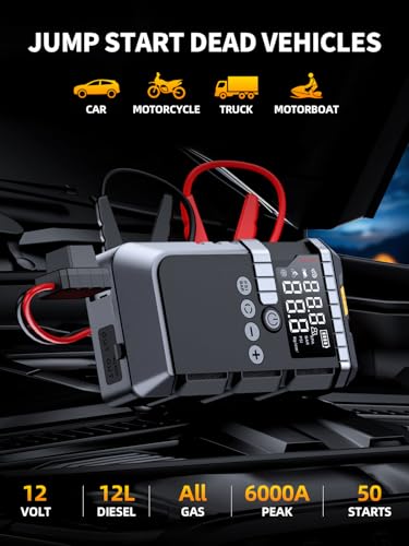 6000A Jump Starter with 160PSI Air Compressor, 12V Portable Car Jumper Starter (All Gas/12L Diesel), Jump Box with Jump Cl...