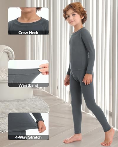 Runhit Boys Thermal Underwear Set Youth Kids Long Johns Boy Base Layer Soft Thermal Pants Fleece Lined Long Sleeve Shirt