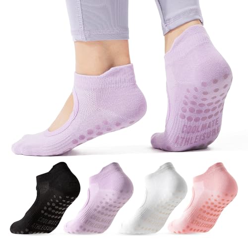 CoolMate Pilates Socks with Grips for Women, Yoga Socks, Crew Non Slip Women for Barre, Valentines Day Gifts for Her