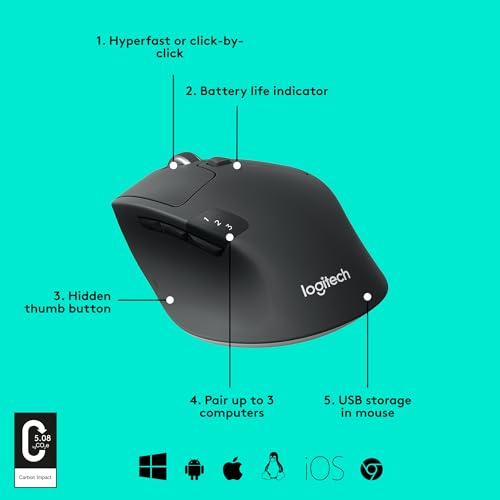 Logitech M720 Triathlon Wireless Mouse, Bluetooth, USB Unifying Receiver, 1000 DPI, 6 Programmable Buttons, 2-Year Batter...