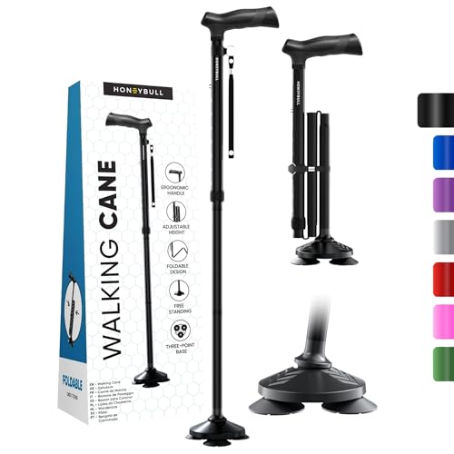 HONEYBULL Walking Cane for Men & Women Foldable, Adjustable, Heavy Duty, Free Standing, All Terrain, Collapsible Walking S...