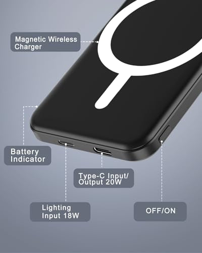 podoru for Magsafe Battery Pack, 5000mAh Magnetic Power Bank with Type-C Cable 20W PD Fast Charging Lighting Input Wireles...