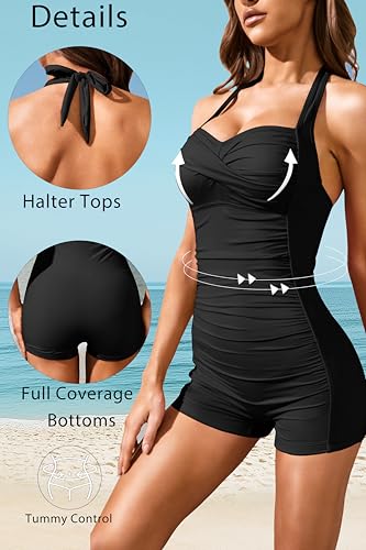 Tempt Me Women Tummy Control One Piece Swimsuits with Shorts Boyleg Retro Bathing Suit Halter Swimwear
