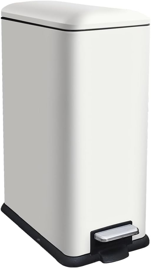 12 Gallon Slim Kitchen Trash Can, Rectangular Trash Can with Removal Inner Bucket and Soft-Close Lid, Foot Pedal, Stainless Steel Garbage Can 45 Liter, White
