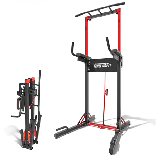 ONETWOFIT Foldable Power Tower Pull Up Bar Station, Multi-Function Adjustable Height Pull Up Dip Station for Gym Workout, ...