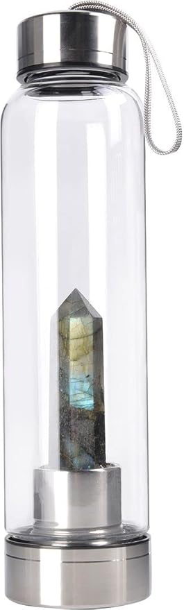 Crystal Glass Water Bottle, Glass Water Bottle with Changeable Natural Crystal Center, Quartz Gemstone Water Bottle for Natural