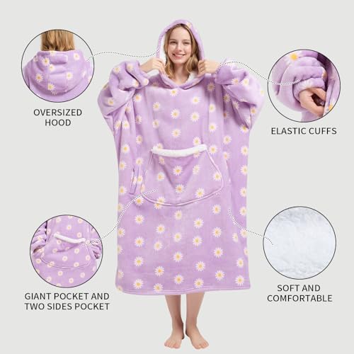 Wearable Blanket Gift for Women & Men Sherpa Flannel Blanket Hoodie Long Warm and Cozy Blanket with Giant Pocket，Daisy