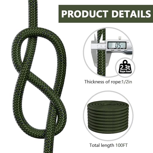X XBEN Braided Polyester Arborist Rope 1/2 inch X 100ft, 48 Strands, 12 Inner core,5174 LBS Breaking Strength Outdoor Rope...
