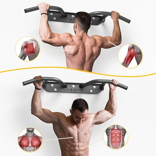 Jusgym Wall Mounted Pull Up Bar - Heavy Duty Chin Up Bar, Pull-Up Bar Support Beam or Joist Mounted, Multifunctional Fitne...