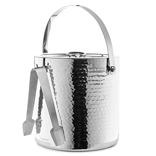 Hammered Ice Bucket - Ice Bucket with Tongs - Insulated Ice Bucket with Lid - Double Wall Ice Bucket 3 Quarts - By Colleta...