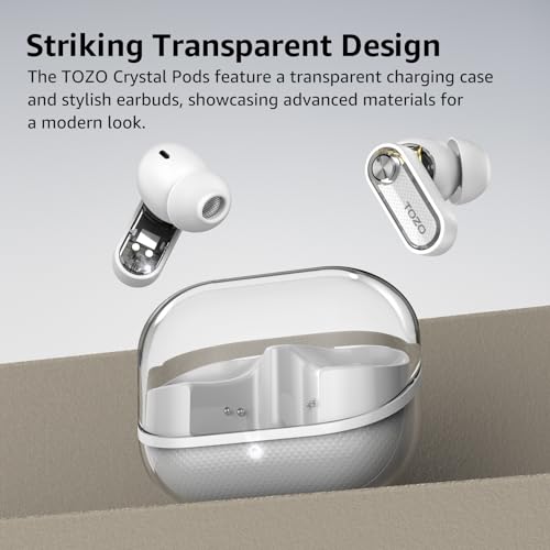 TOZO Crystal Pods Hybrid Active Noise Cancelling Wireless Earbuds, 10mm Drivers Deep Bass, 4 Mics Smart ENC AI Calls, Rea...