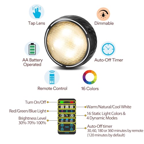 TECOMLIGHT LED Puck Lights with Remote Control, Battery Operated Wireless Closet Light, Under Cabinet Lighting Stick on Ta...